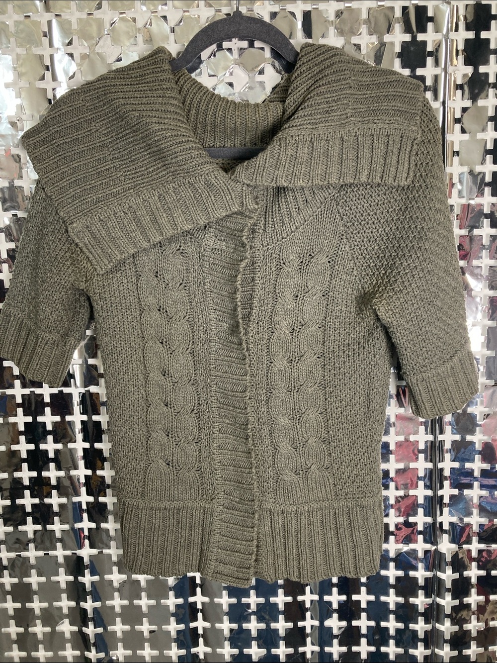 Express Olive Green Cable-Knit Short-Sleeve Cardigan